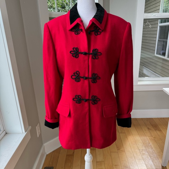 Vintage Jackets & Blazers - Vintage International Scene Red Wool Blazer Jacket Black Velvet Collar Cording S